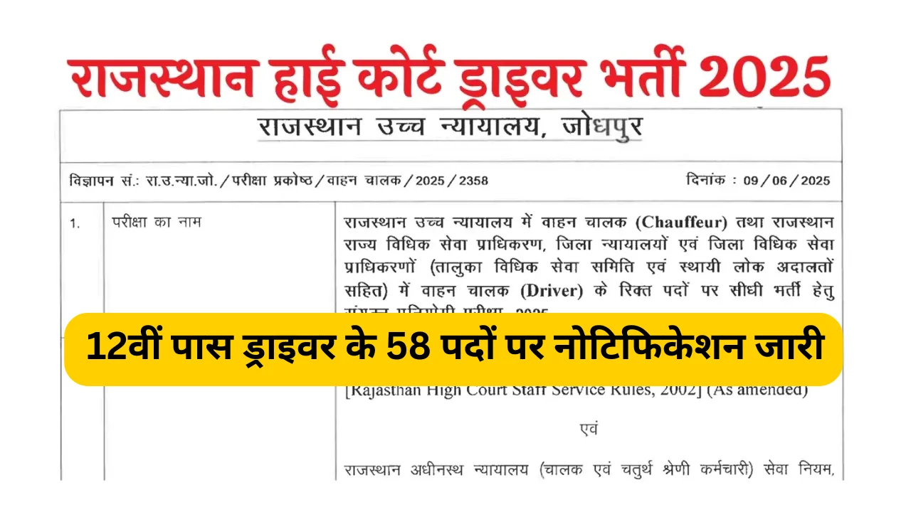 Rajasthan High Court Driver Recruitment 2025: राजस्थान हाईकोर्ट में 12वीं पास ड्राइवर के 58 पदों पर नोटिफिकेशन जारी